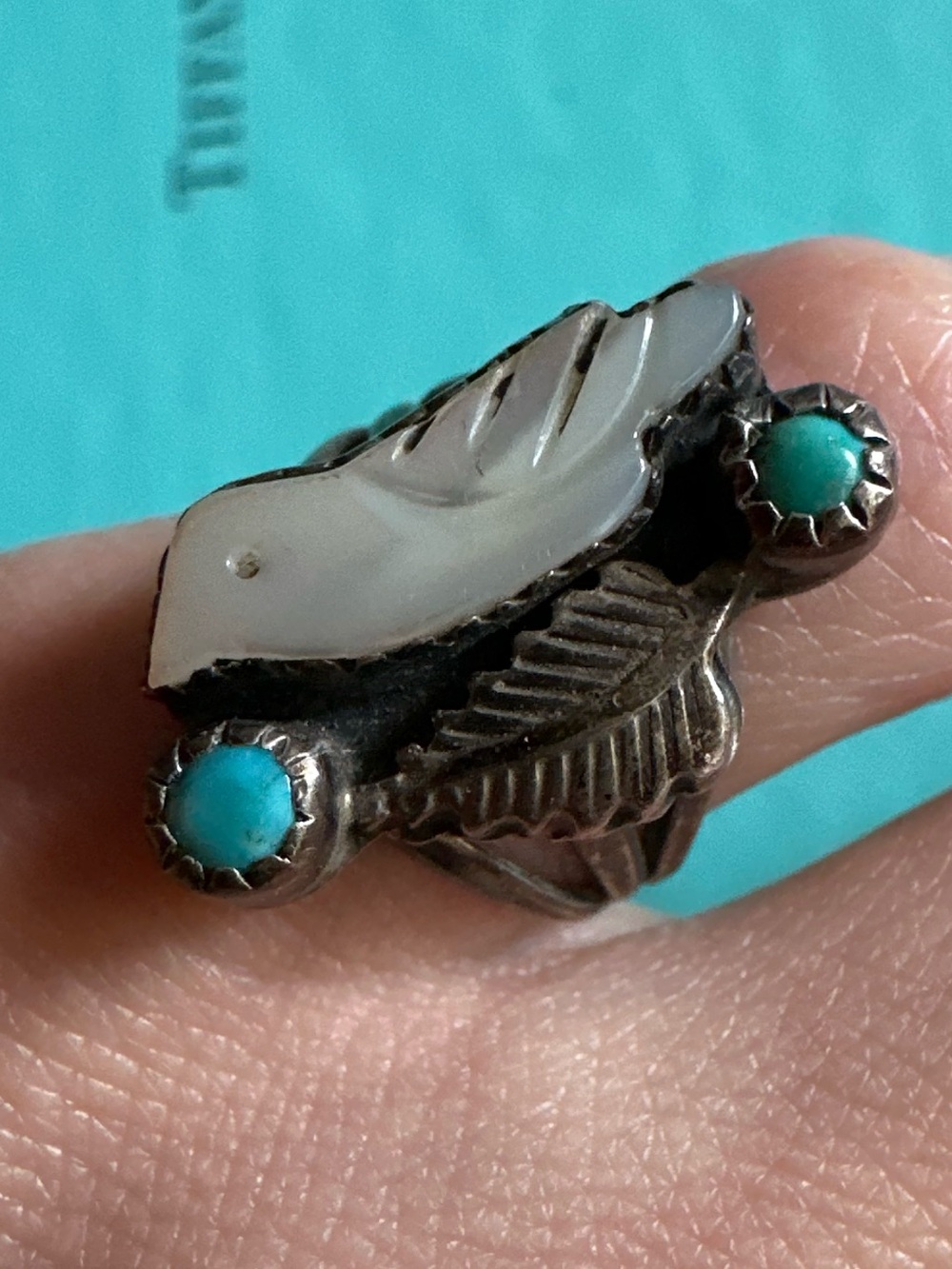 Vintage Old Pawn Native Sterling Turquoise Bird Ring Size 4